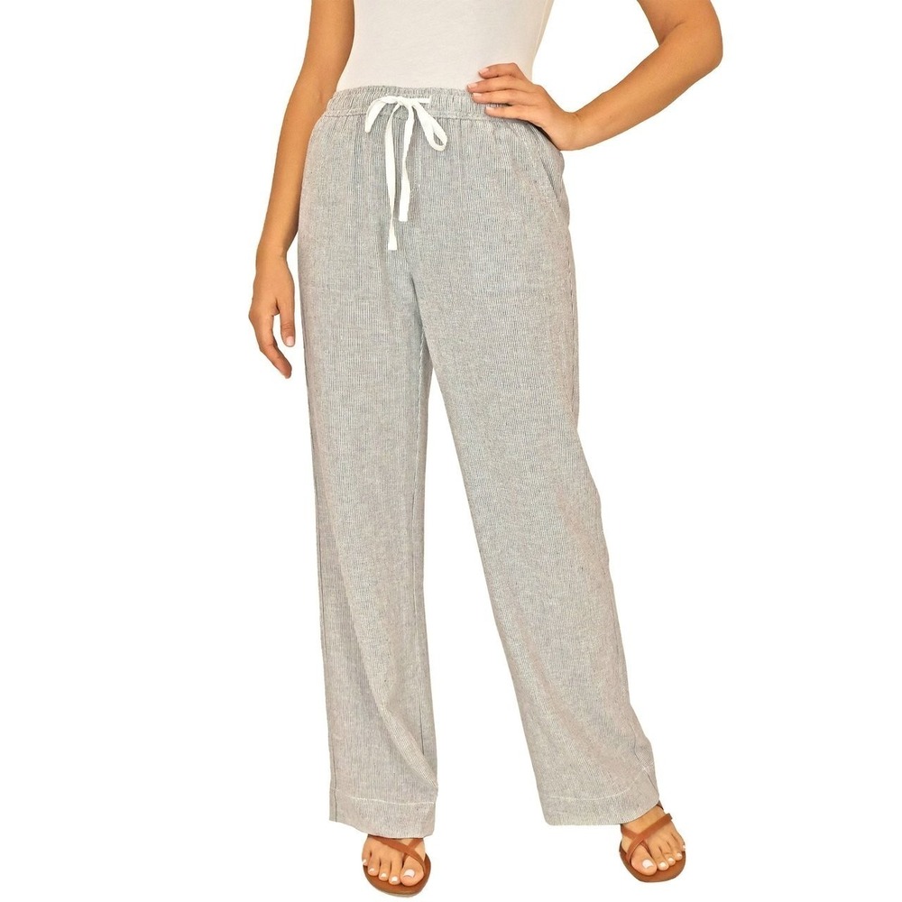 Briggs Womens Linen Blend Pull-On Pant Wide Relaxed Leg Navy Stripes 2XL NEW